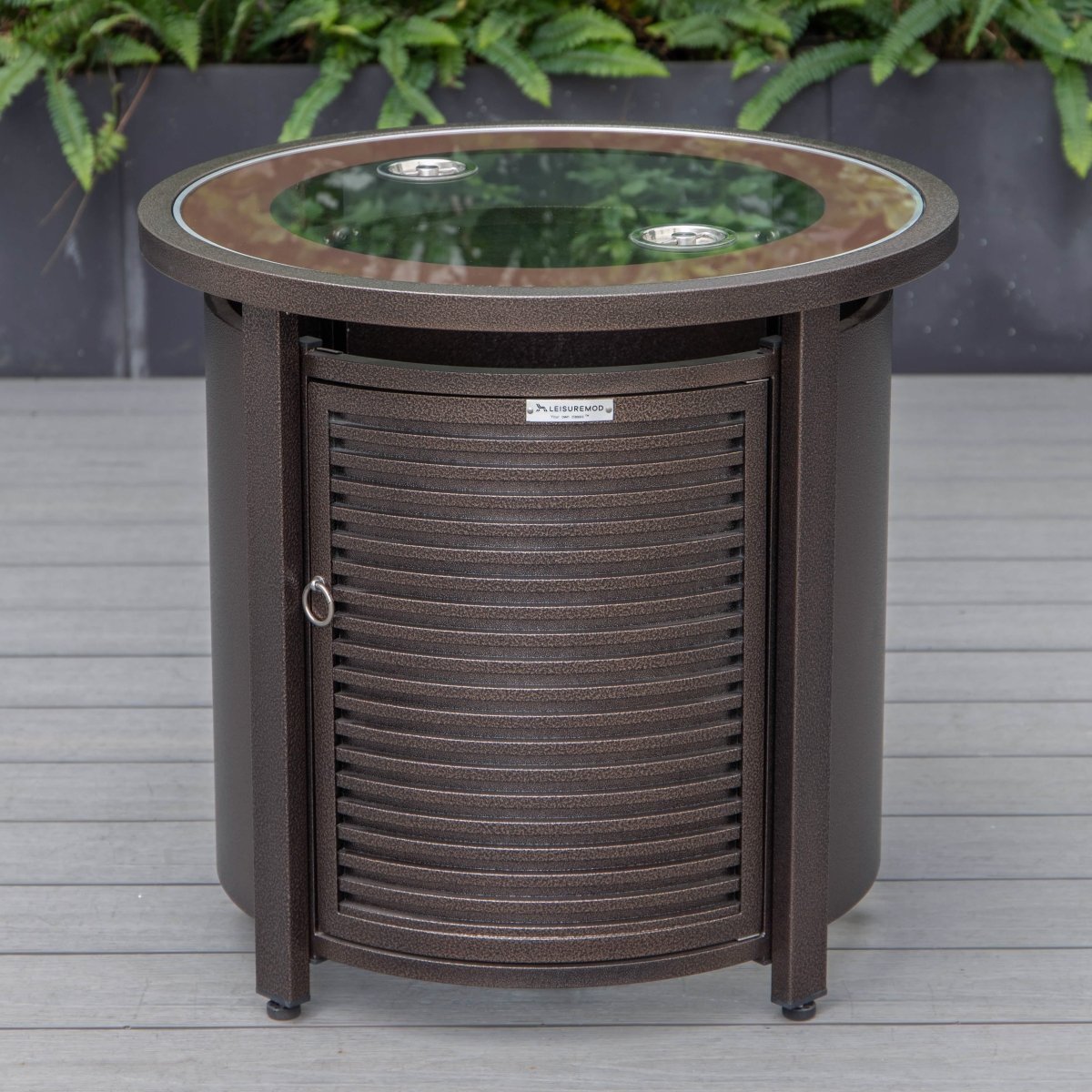 Walbrooke Modern Round Tank Holder Table with Tempered Glass Top and Powder Coated Aluminum Slats/Non Slats Design