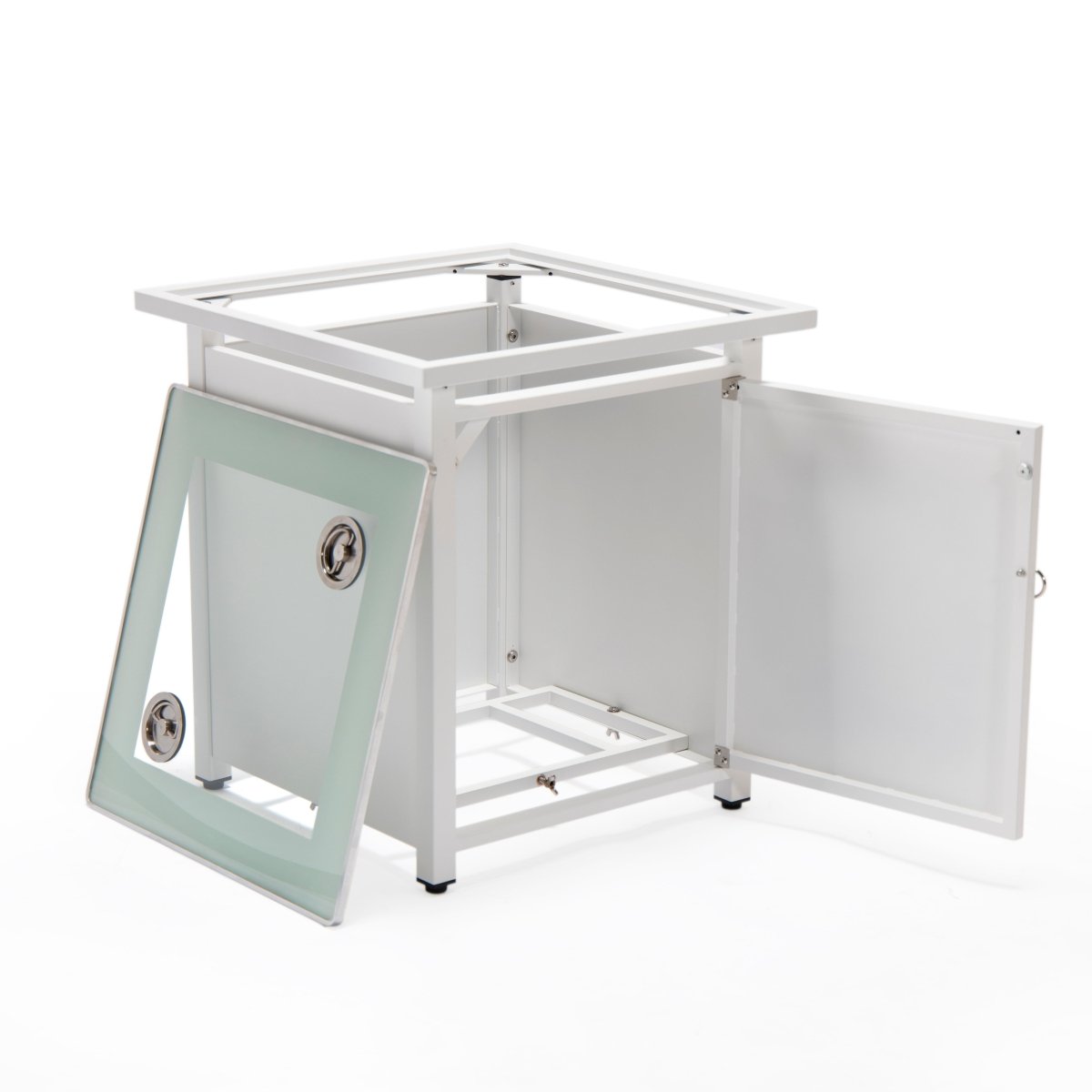 Walbrooke Modern Square Tank Holder Table with Tempered Glass Top and Powder Coated Aluminum Slats/Non Slats Design