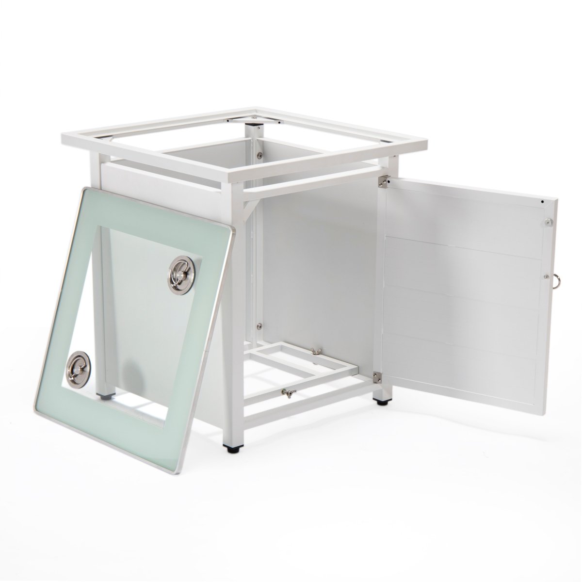 Walbrooke Modern Square Tank Holder Table with Tempered Glass Top and Powder Coated Aluminum Slats/Non Slats Design