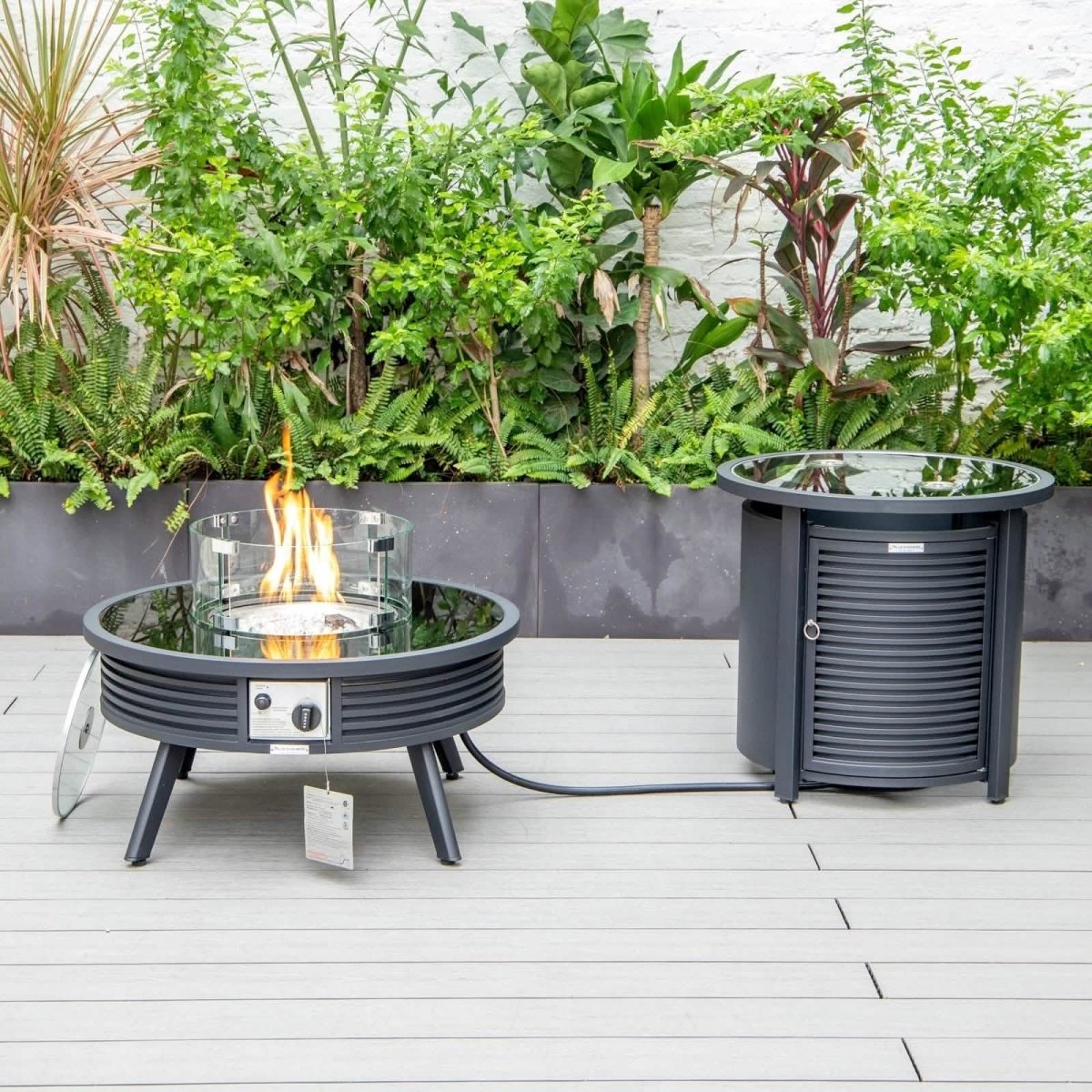 Walbrooke Outdoor Patio Round Fire Pit and Tank Holder with Slats Design Black Fire Pits Leisuremod