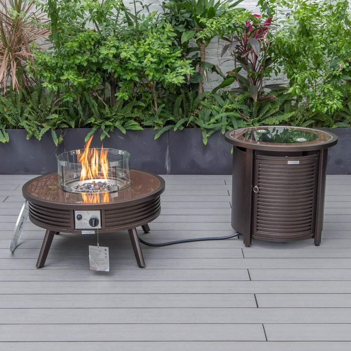 Walbrooke Outdoor Patio Round Fire Pit and Tank Holder with Slats Design White Fire Pits Leisuremod