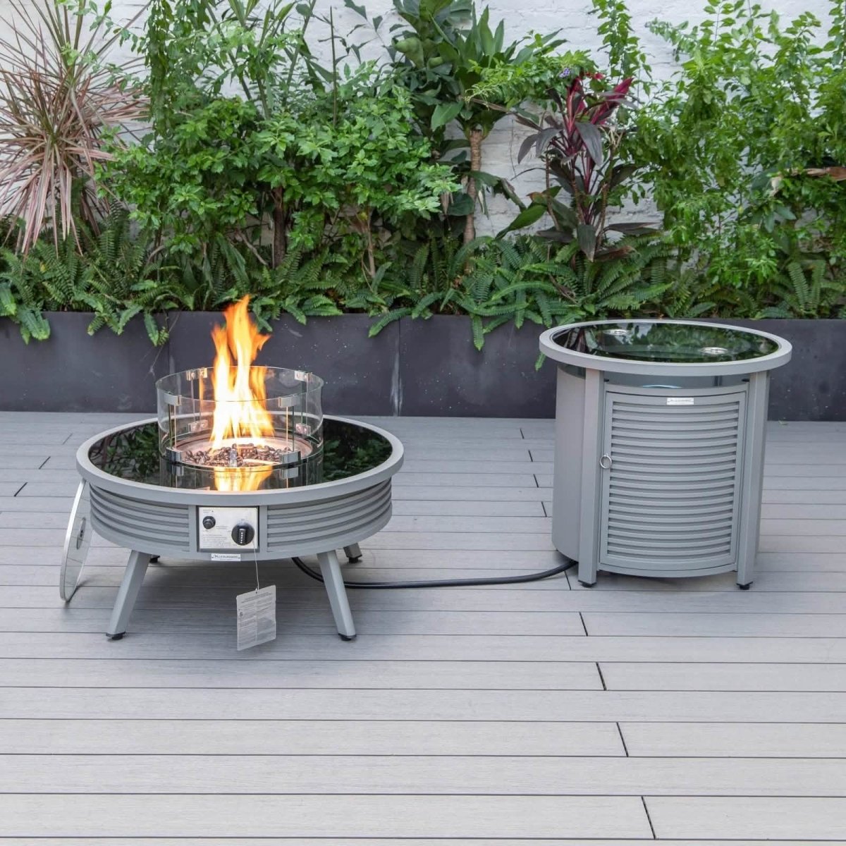 Walbrooke Outdoor Patio Round Fire Pit and Tank Holder with Slats Design Grey Fire Pits Leisuremod