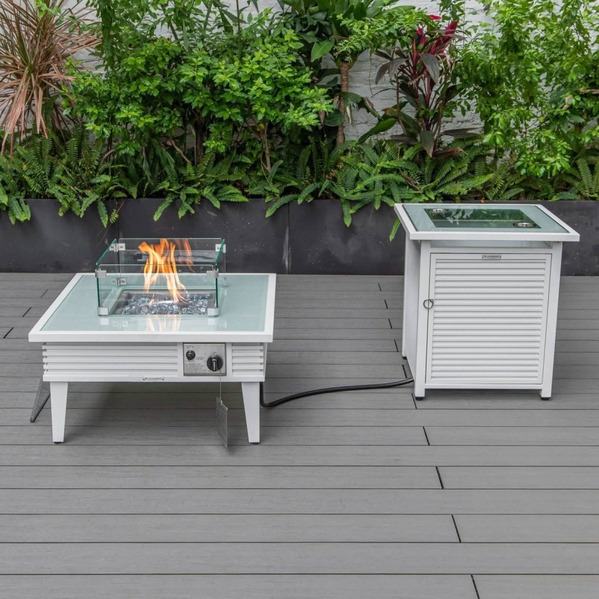 Walbrooke Outdoor Patio Square Fire Pit and Tank Holder with Slats Design White Fire Pits Leisuremod