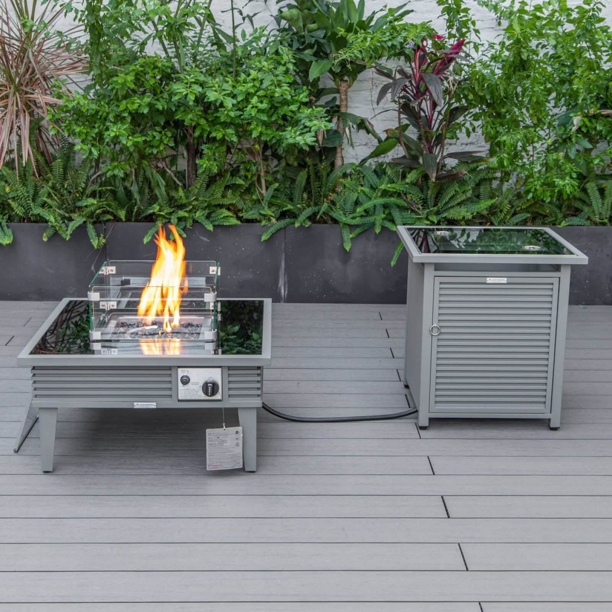 Walbrooke Outdoor Patio Square Fire Pit and Tank Holder with Slats Design Grey Fire Pits Leisuremod