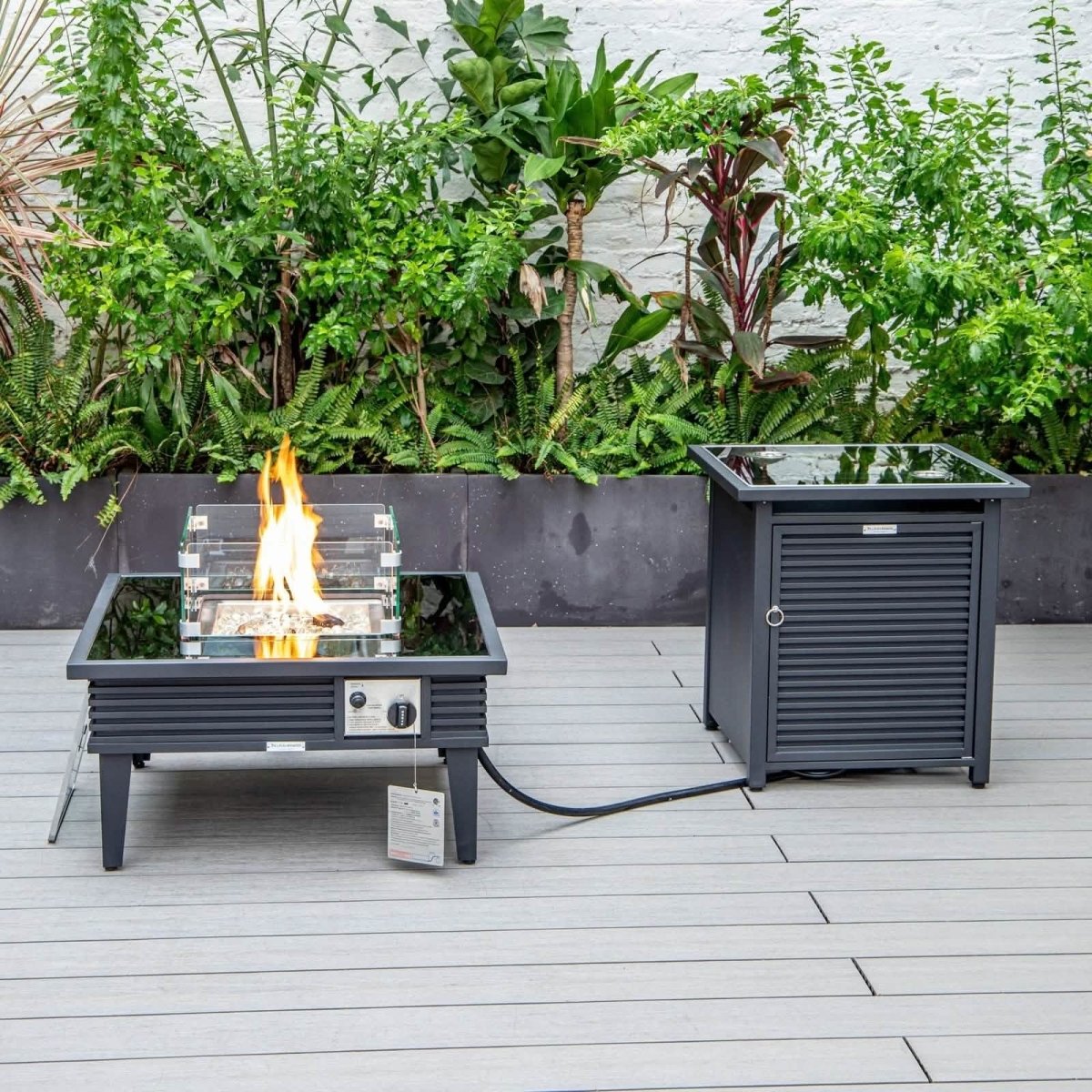 Walbrooke Outdoor Patio Square Fire Pit and Tank Holder with Slats Design Black Fire Pits Leisuremod