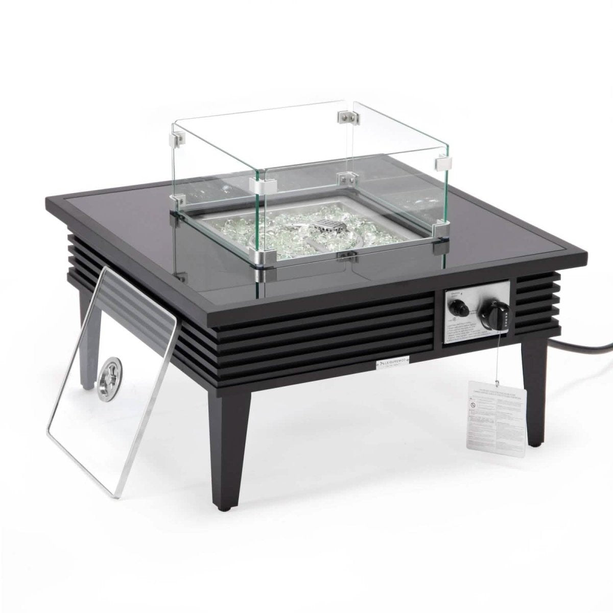 Walbrooke Outdoor Patio Square Fire Pit and Tank Holder with Slats Design Black Fire Pits Leisuremod