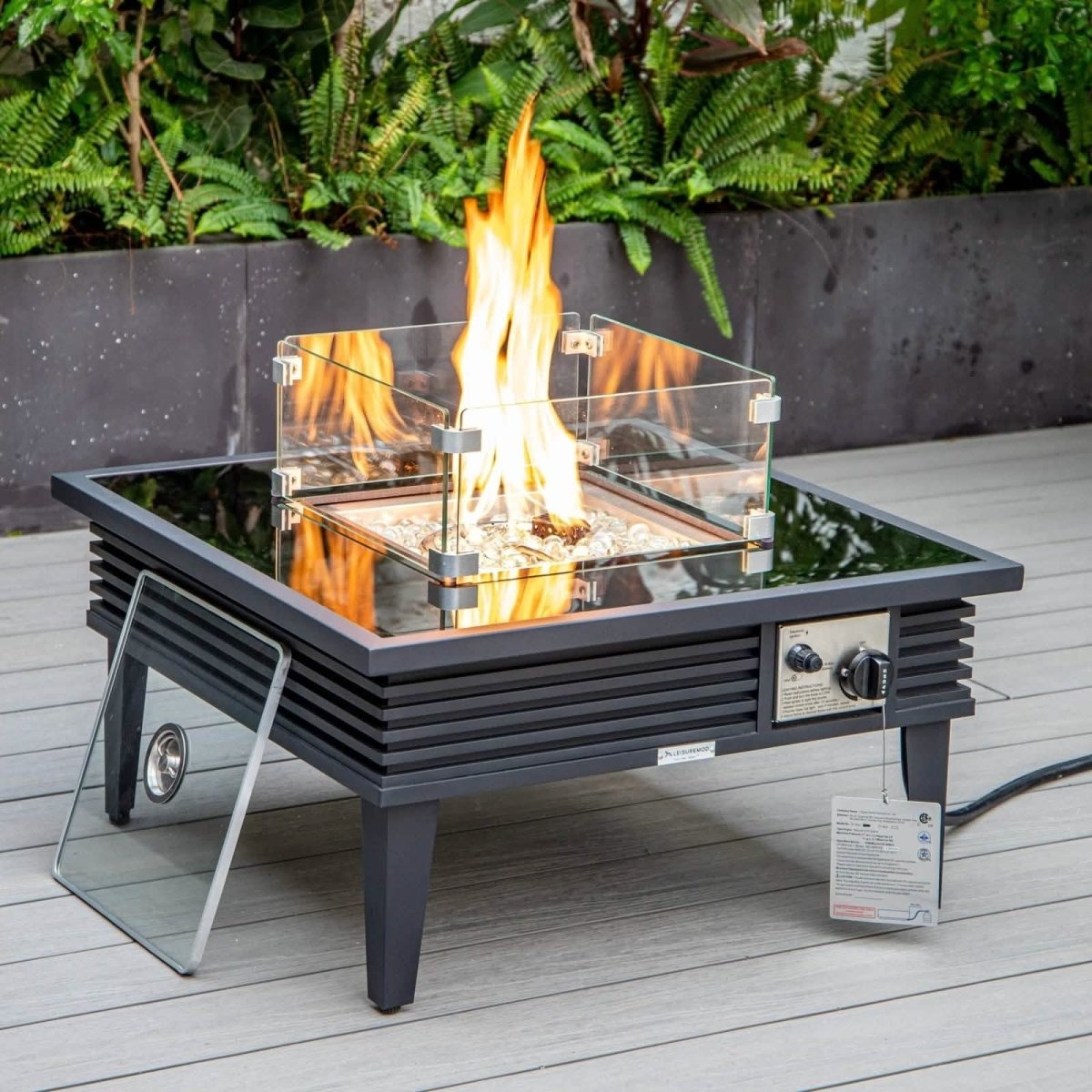 Walbrooke Outdoor Patio Square Fire Pit and Tank Holder with Slats Design Black Fire Pits Leisuremod