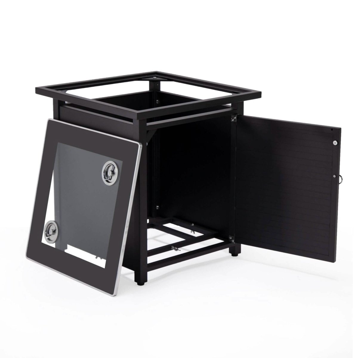 Walbrooke Outdoor Patio Square Fire Pit and Tank Holder with Slats Design Black Fire Pits Leisuremod