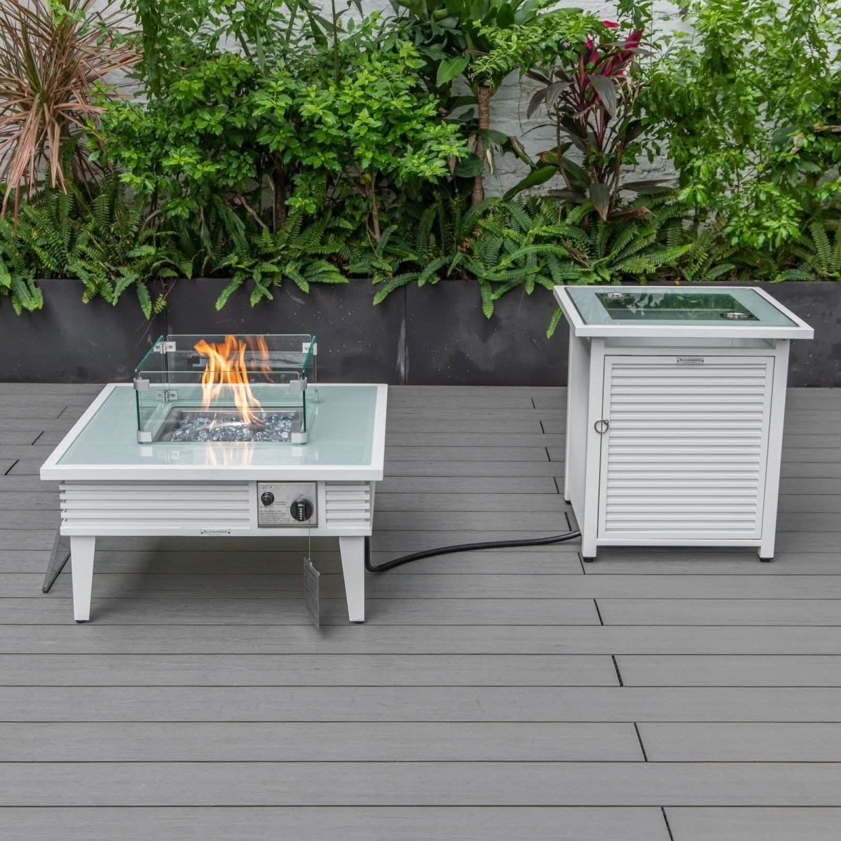 Walbrooke Outdoor Patio Square Fire Pit and Tank Holder with Slats Design White Fire Pits Leisuremod