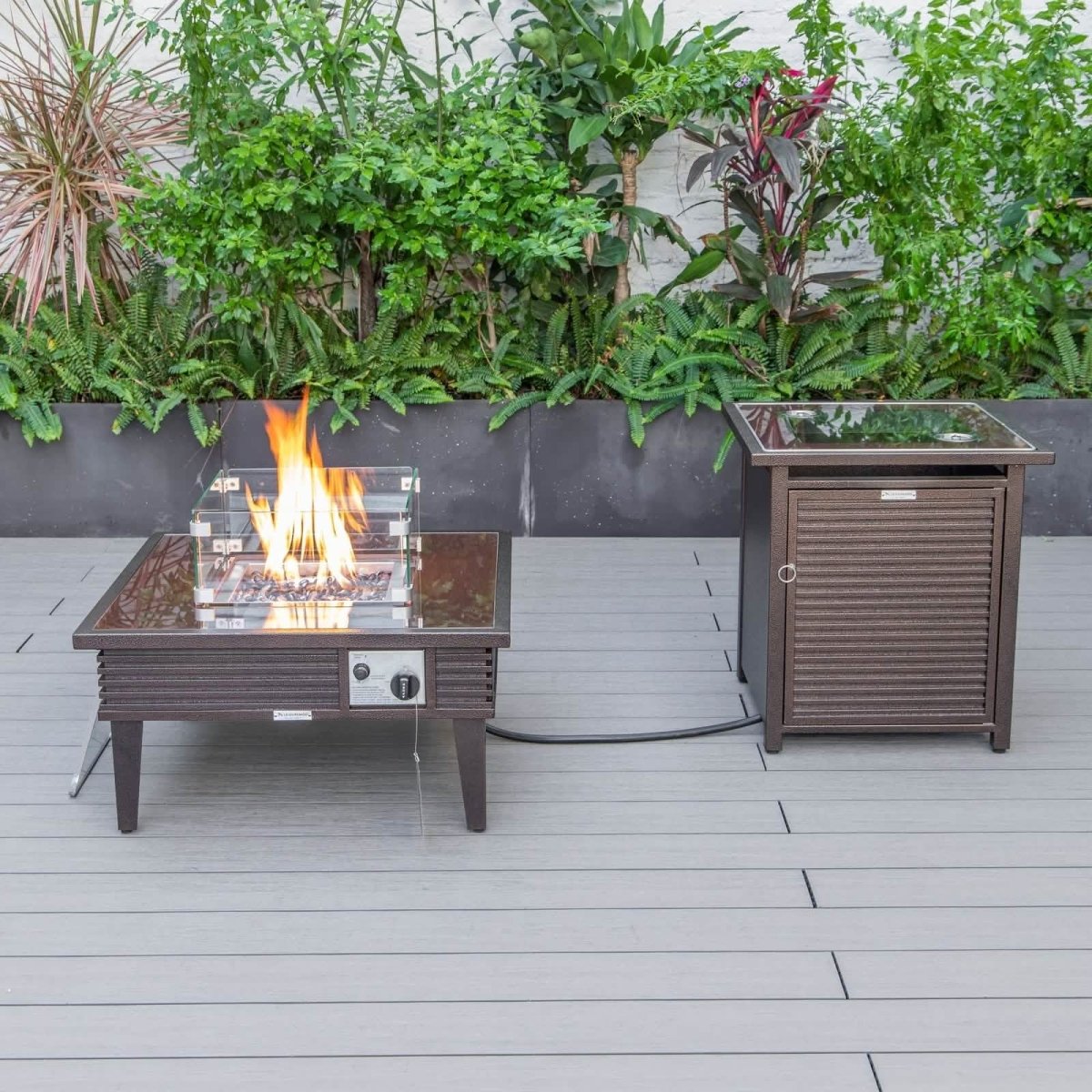 Walbrooke Outdoor Patio Square Fire Pit and Tank Holder with Slats Design White Fire Pits Leisuremod