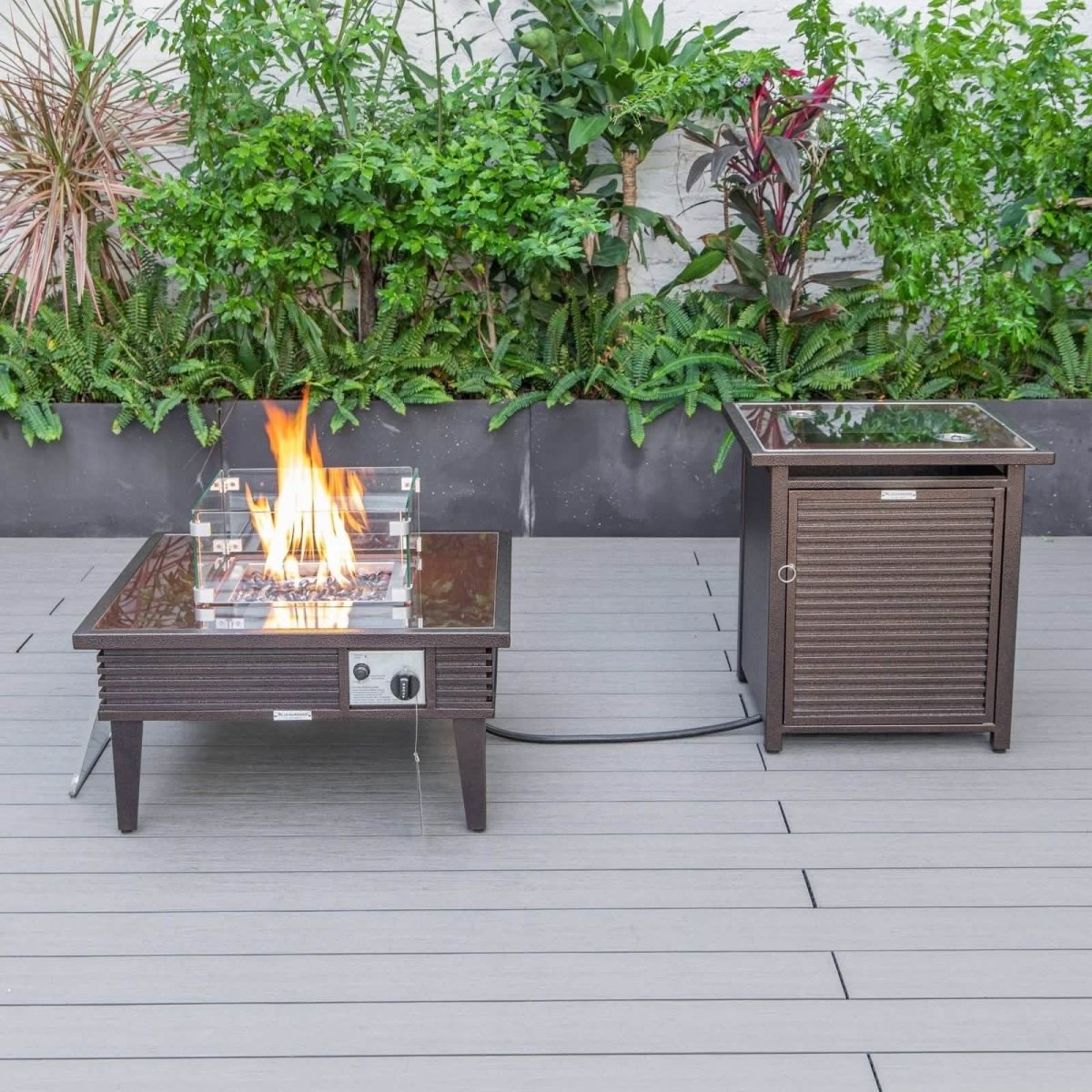 Walbrooke Outdoor Patio Square Fire Pit and Tank Holder with Slats Design Brown Fire Pits Leisuremod