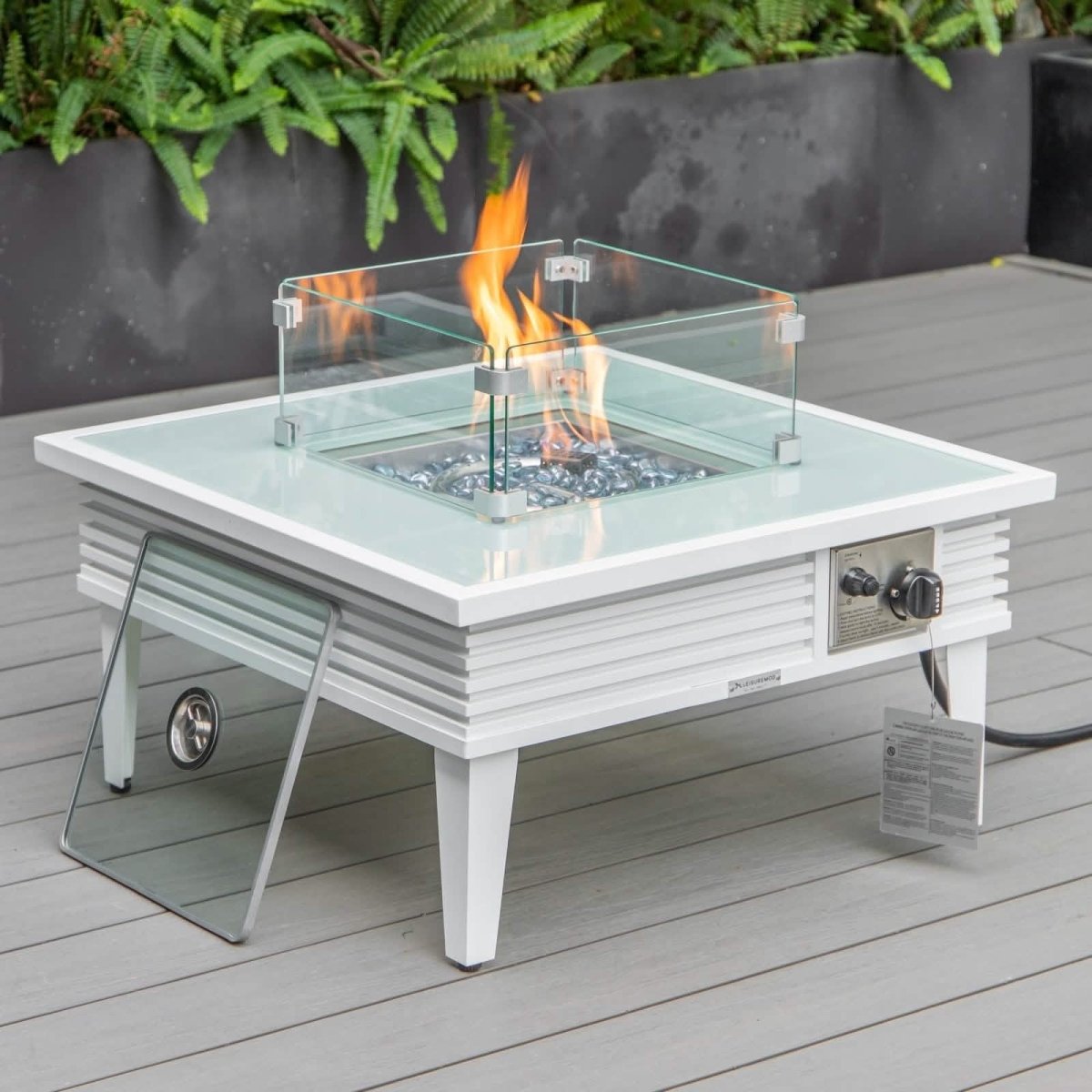 Walbrooke Outdoor Patio Square Fire Pit and Tank Holder with Slats Design White Fire Pits Leisuremod