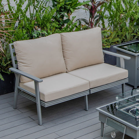 Walbrooke Modern Outdoor Patio Loveseat with Grey Aluminum Frame and Removable Cushions