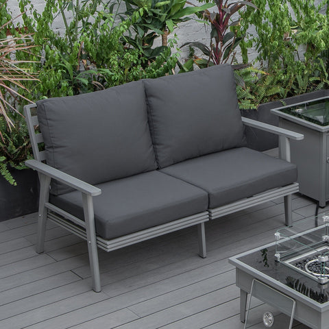 Walbrooke Modern Outdoor Patio Loveseat with Grey Aluminum Frame and Removable Cushions