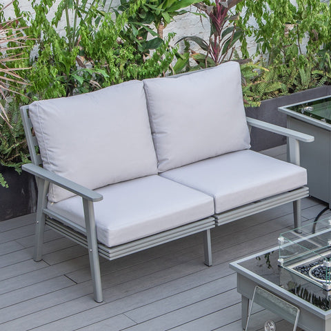 Walbrooke Modern Outdoor Patio Loveseat with Grey Aluminum Frame and Removable Cushions