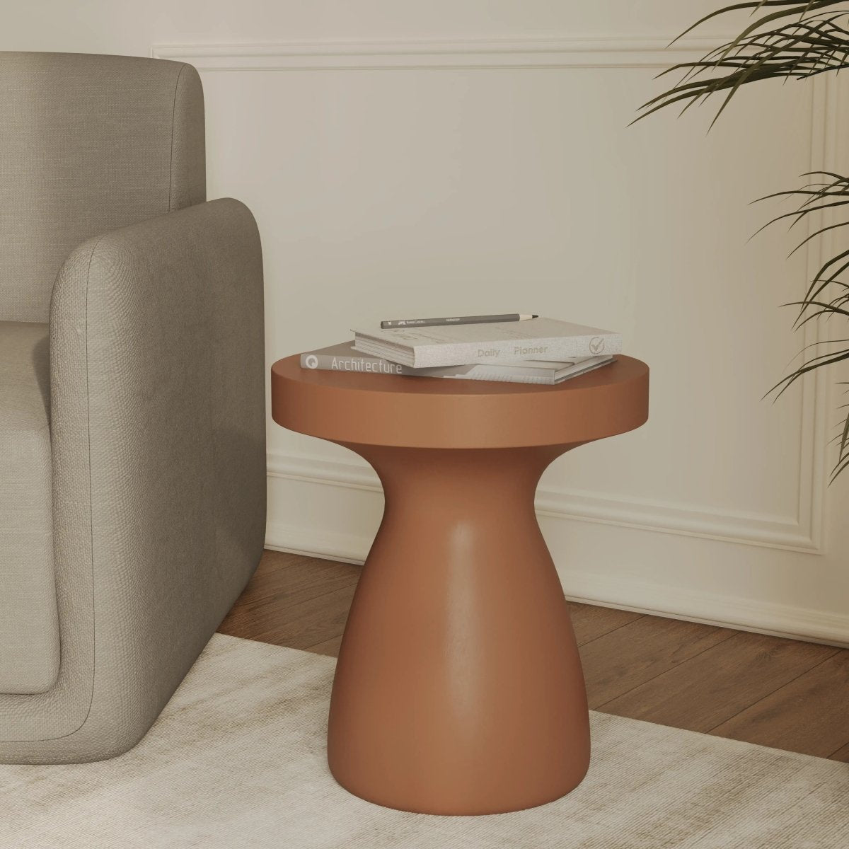 Wisp 16" Modern Wide Round Fiberstone Hourglass Design Side Table - Stylish Accent End Table