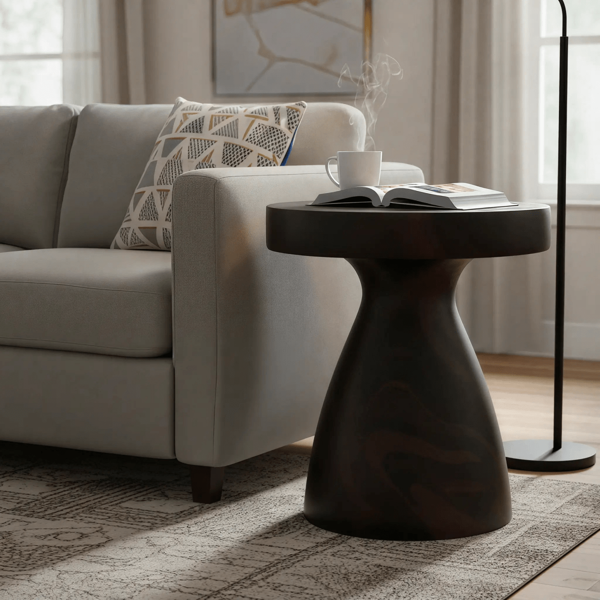 Wisp 16" Modern Wide Round Fiberstone Hourglass Design Side Table - Stylish Accent End Table