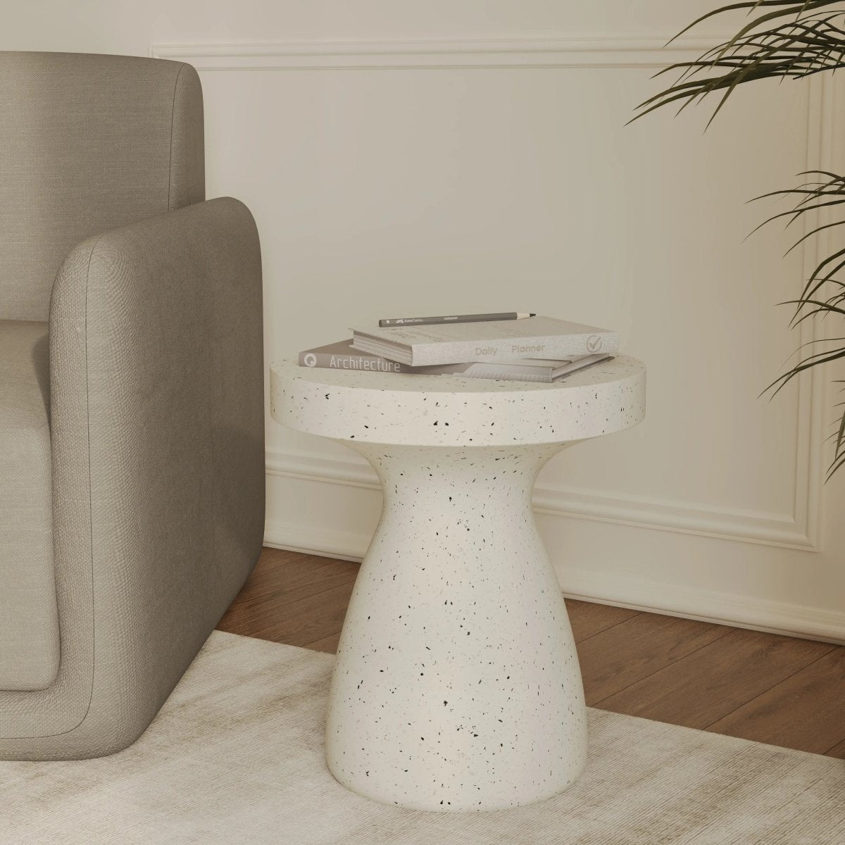Wisp 16" Modern Wide Round Fiberstone Hourglass Design Side Table - Stylish Accent End Table