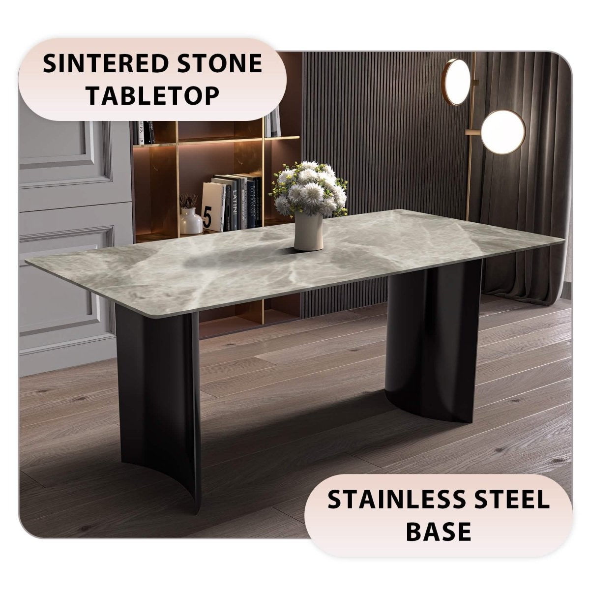 Zara Rectangular Dining Table with Glass/Sintered Stone Top and Stainless Steel Base