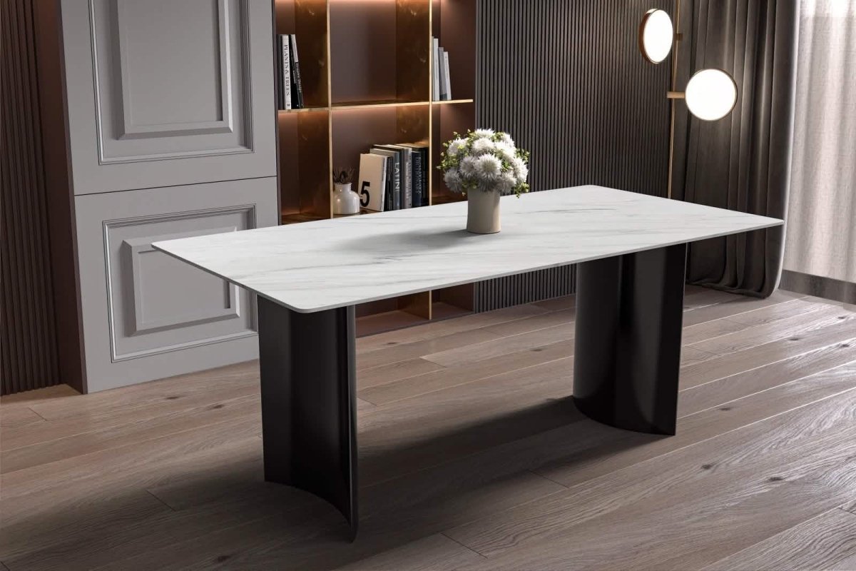 Zara Rectangular Dining Table with Glass/Sintered Stone Top and Stainless Steel Base