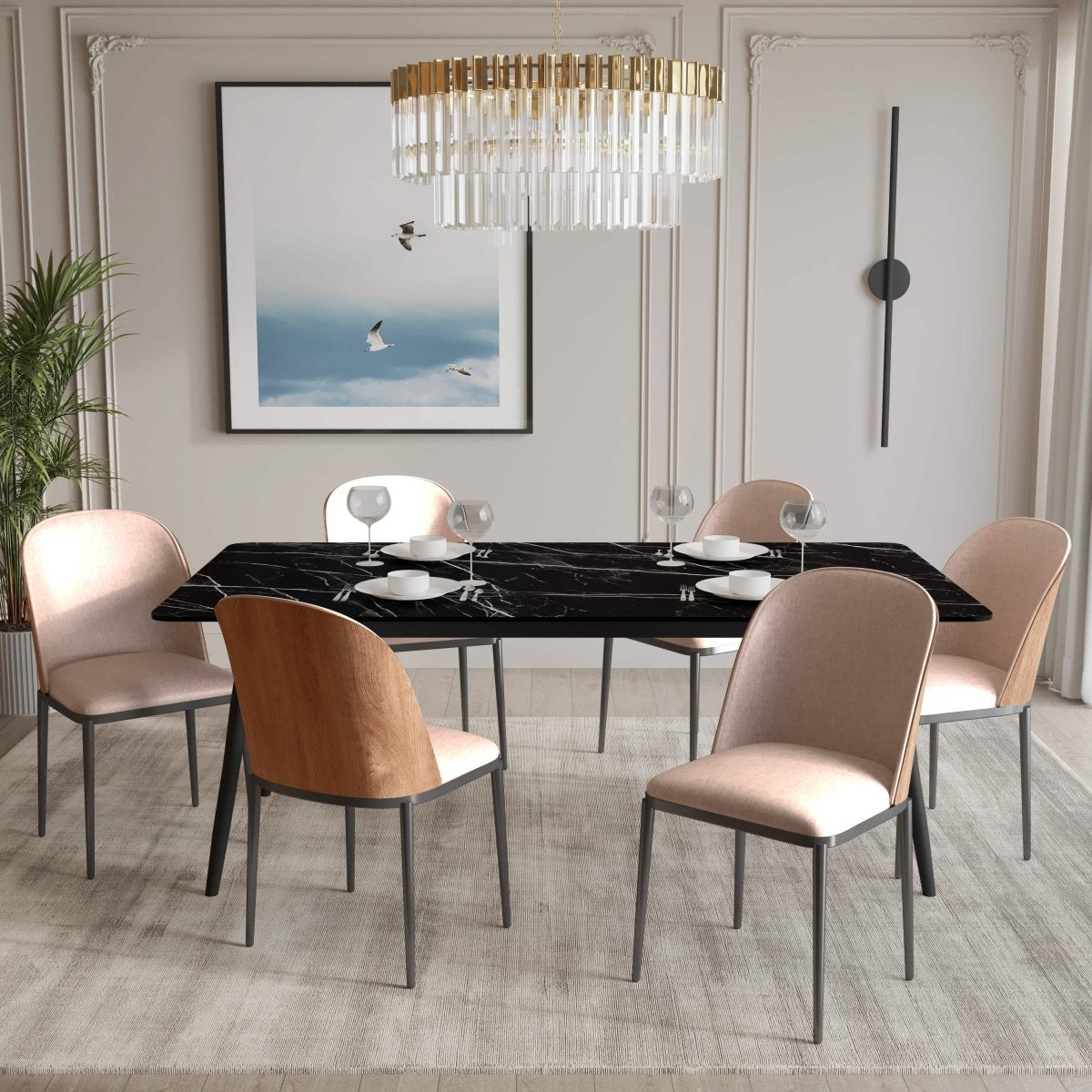 Zayle 7 - Piece Dining Set with 55" Rectangular Dining Table in Black/Gold Sintered Stone Top and 6 Leather Dining Chairs