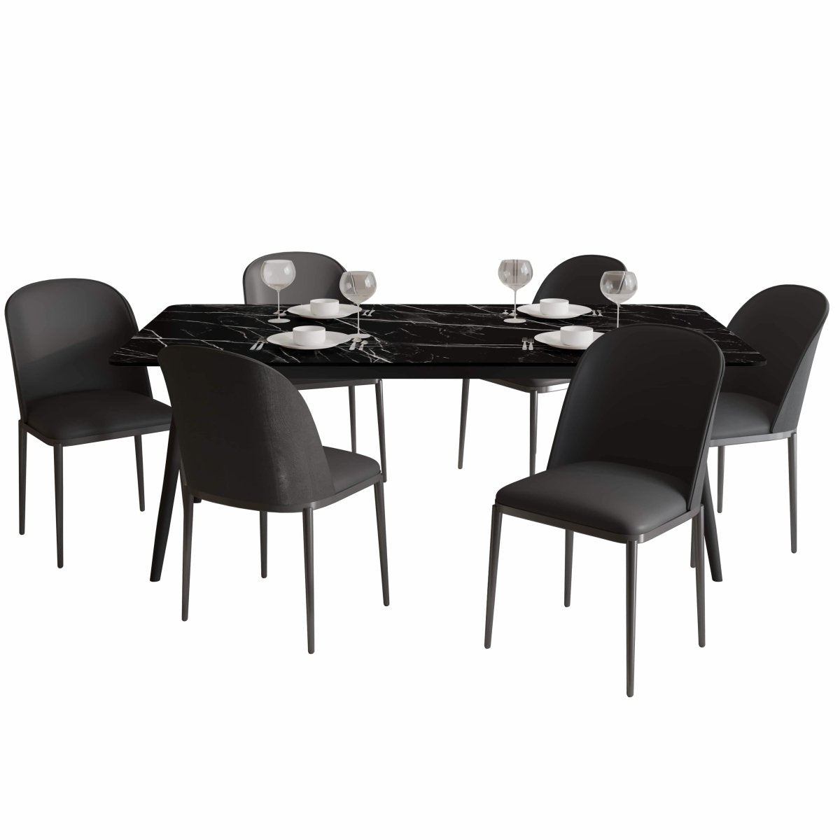 Zayle 7 - Piece Dining Set with 55" Rectangular Dining Table in Black/Gold Sintered Stone Top and 6 Leather Dining Chairs