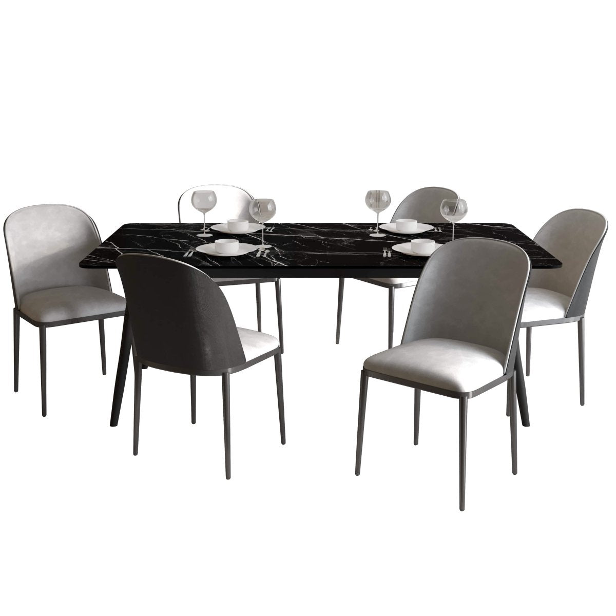 Zayle 7 - Piece Dining Set with 55" Rectangular Dining Table in Black/Gold Sintered Stone Top and 6 Leather Dining Chairs