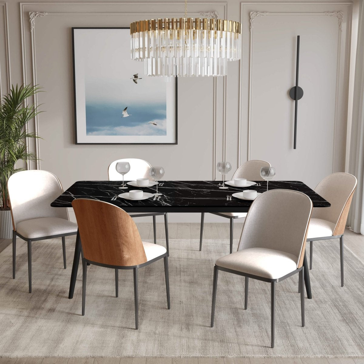Zayle 7 - Piece Dining Set with 55" Rectangular Dining Table in Black/Gold Sintered Stone Top and 6 Leather Dining Chairs