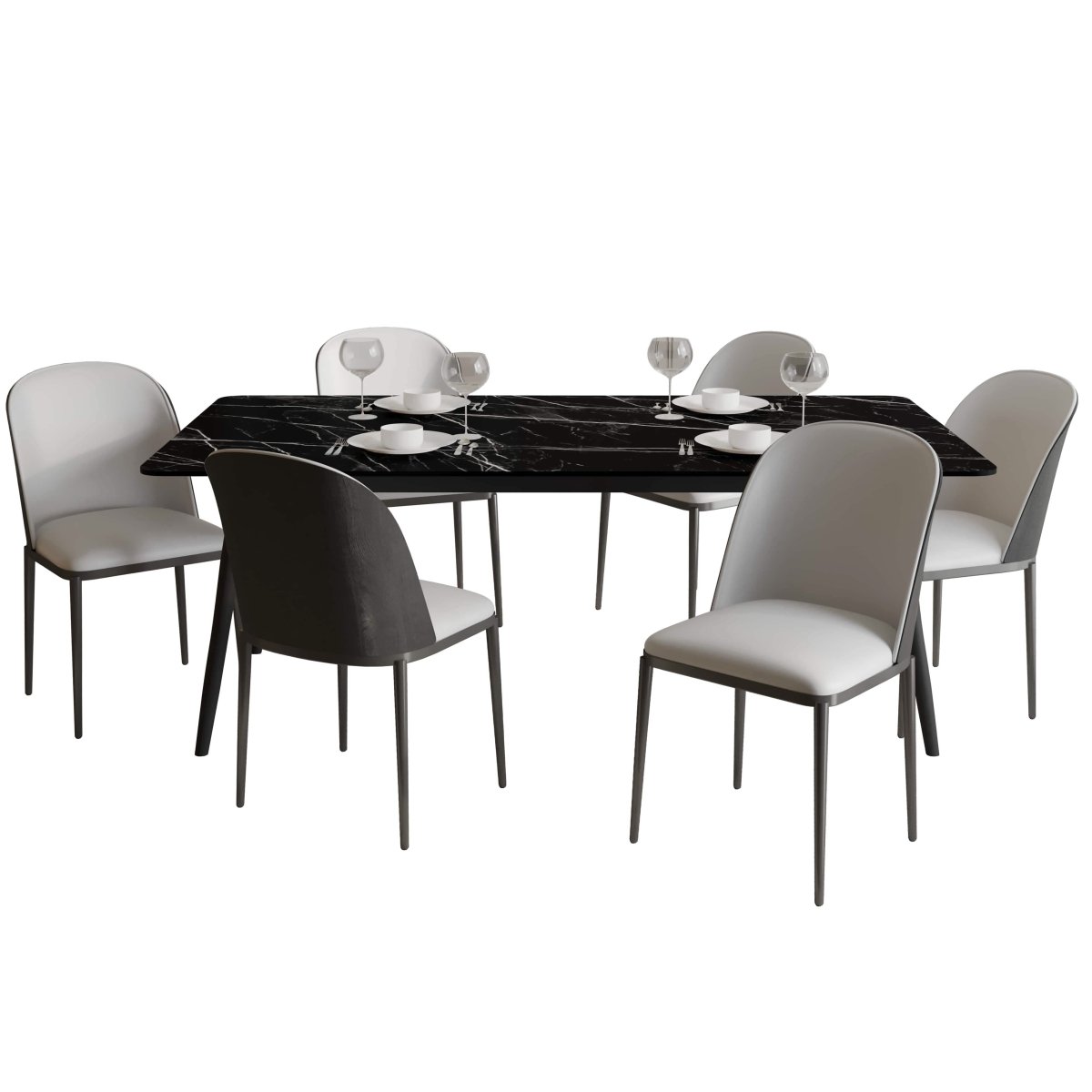Zayle 7 - Piece Dining Set with 55" Rectangular Dining Table in Black/Gold Sintered Stone Top and 6 Leather Dining Chairs