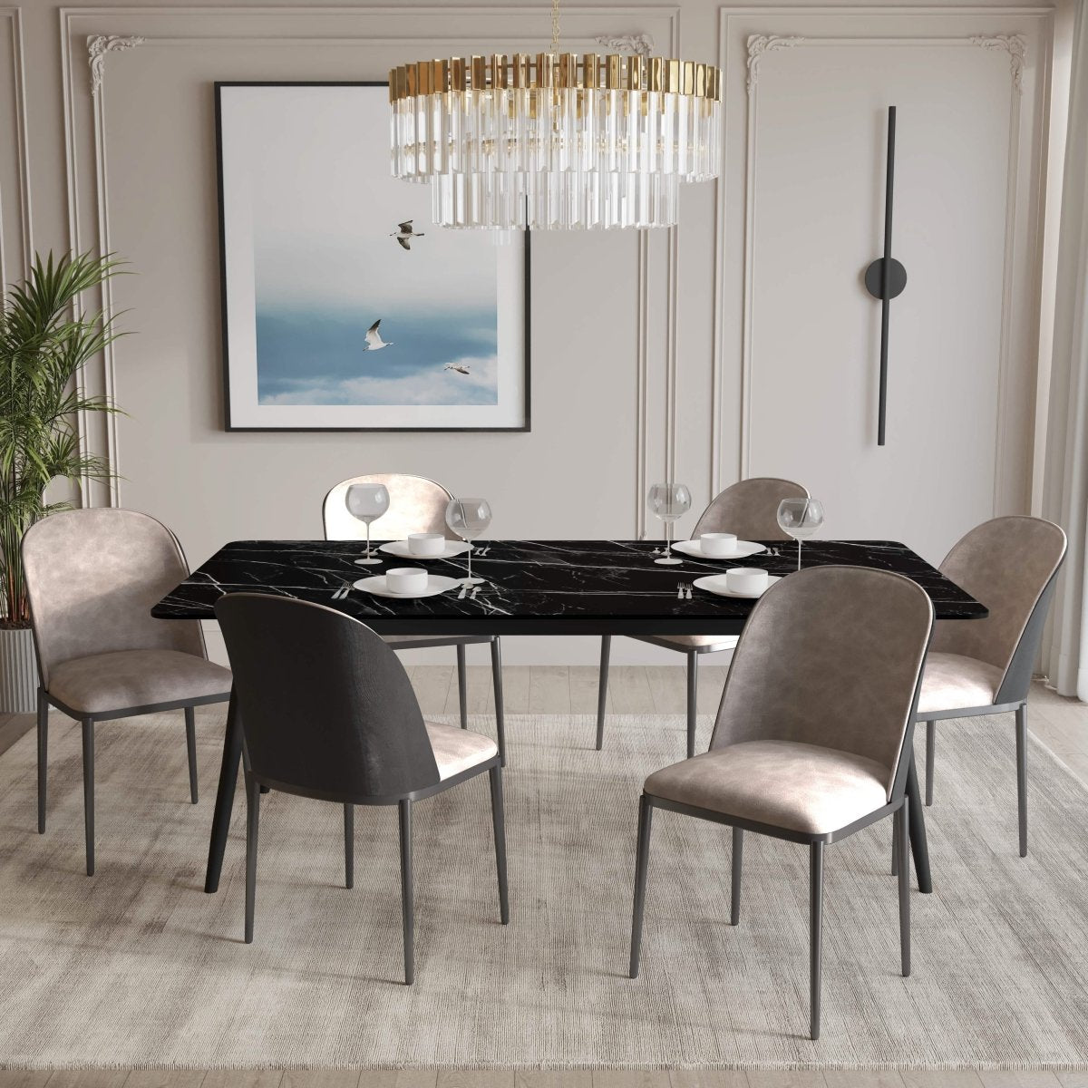 Zayle 7 - Piece Dining Set with 55" Rectangular Dining Table in Black/Gold Sintered Stone Top and 6 Leather Dining Chairs