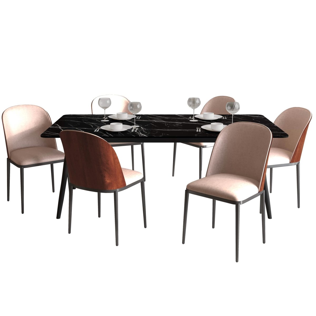 Zayle 7 - Piece Dining Set with 55" Rectangular Dining Table in Black/Gold Sintered Stone Top and 6 Leather Dining Chairs