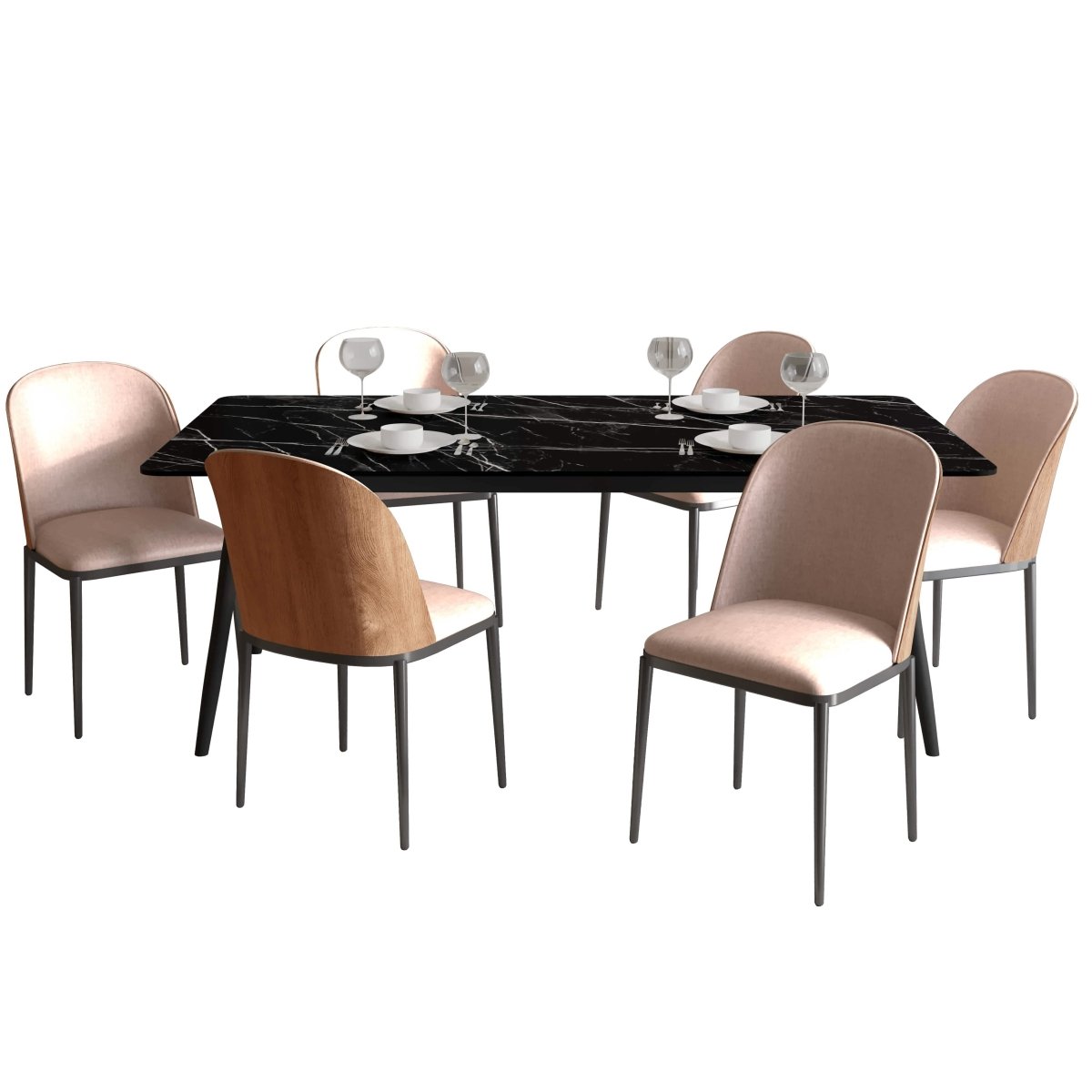 Zayle 7 - Piece Dining Set with 55" Rectangular Dining Table in Black/Gold Sintered Stone Top and 6 Leather Dining Chairs
