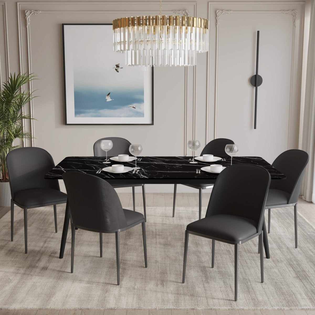 Zayle 7 - Piece Dining Set with 55" Rectangular Dining Table in Black/Gold Sintered Stone Top and 6 Leather Dining Chairs