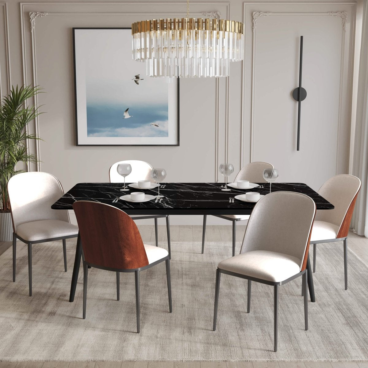 Zayle 7 - Piece Dining Set with 55" Rectangular Dining Table in Black/Gold Sintered Stone Top and 6 Leather Dining Chairs