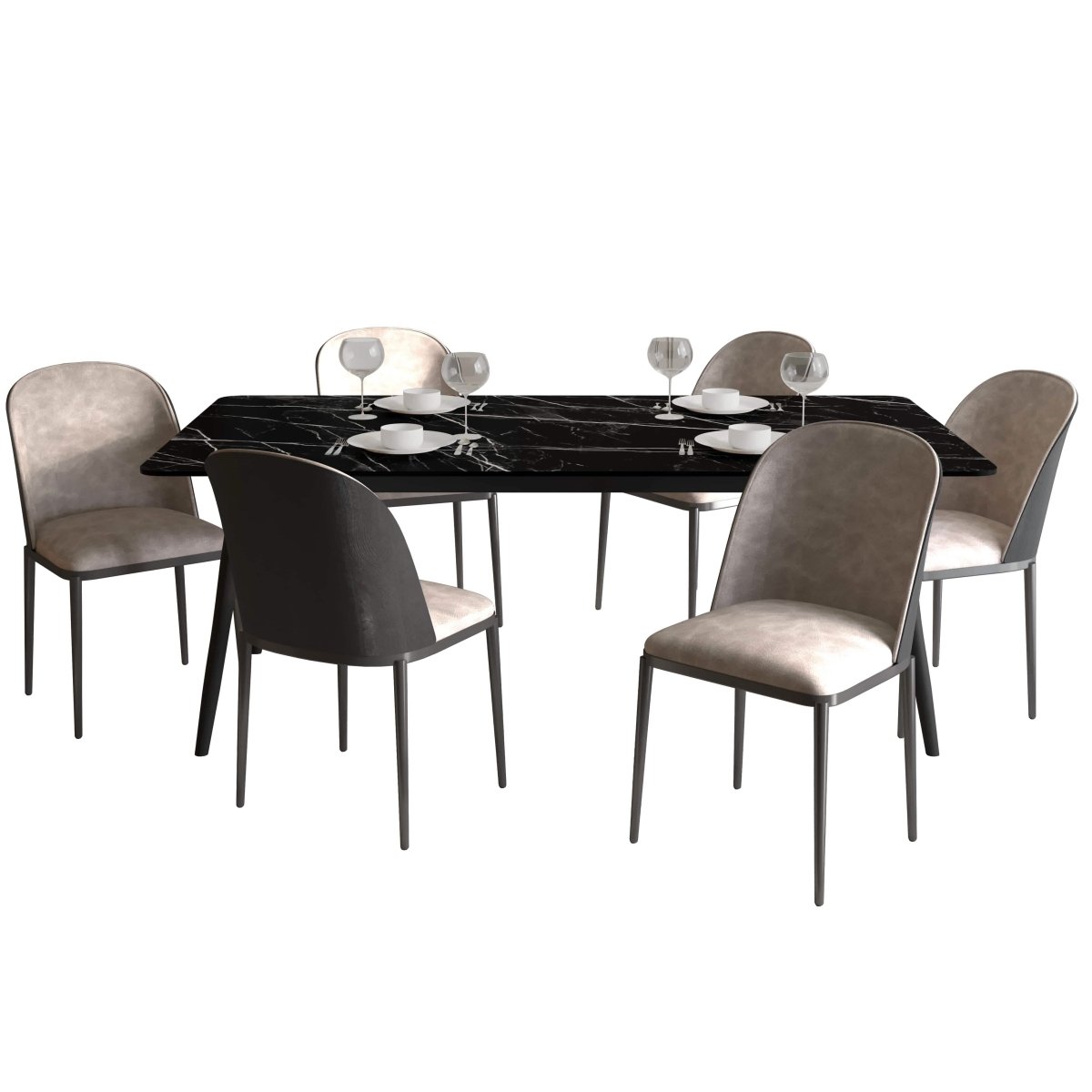 Zayle 7 - Piece Dining Set with 55" Rectangular Dining Table in Black/Gold Sintered Stone Top and 6 Leather Dining Chairs