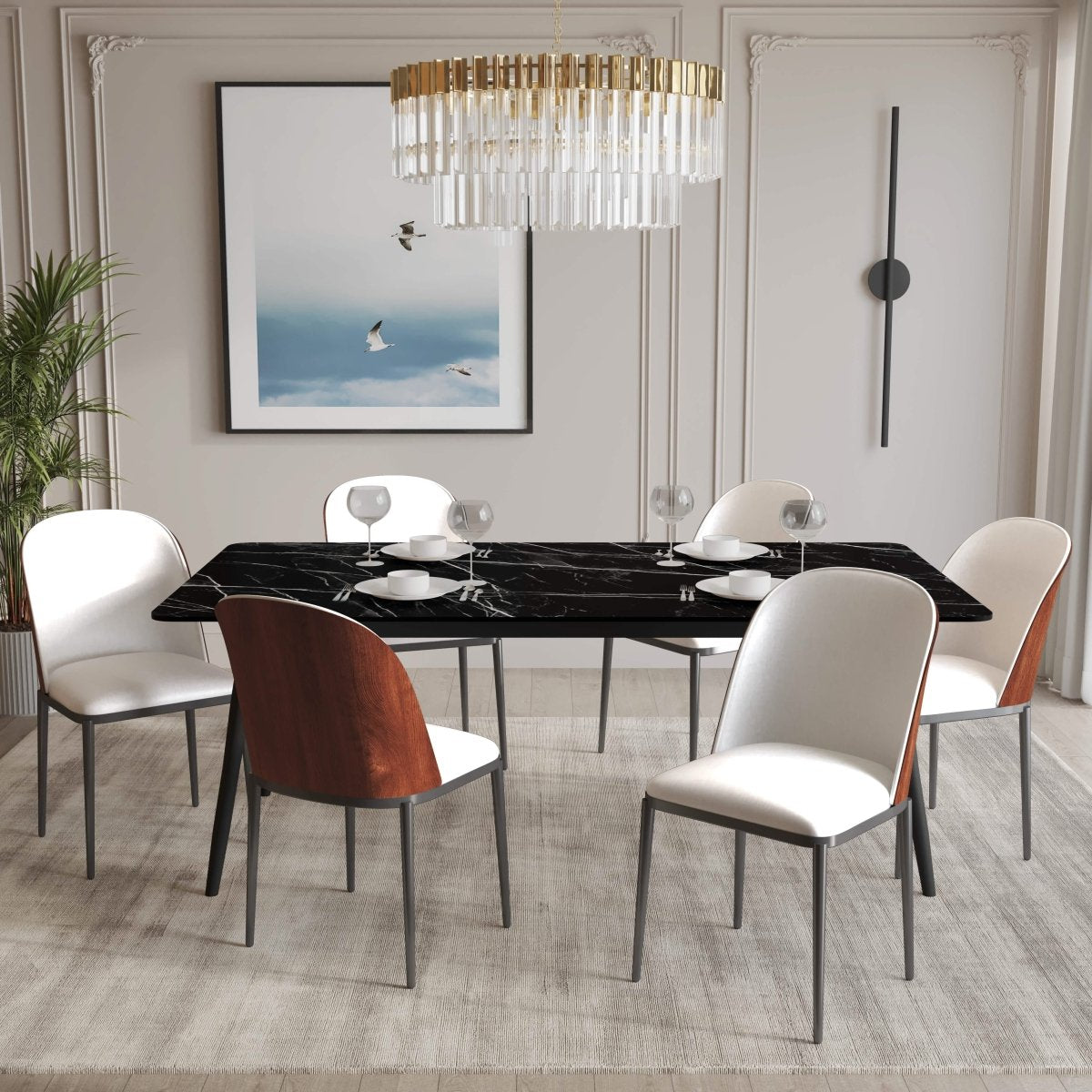 Zayle 7 - Piece Dining Set with 55" Rectangular Dining Table in Black/Gold Sintered Stone Top and 6 Leather Dining Chairs
