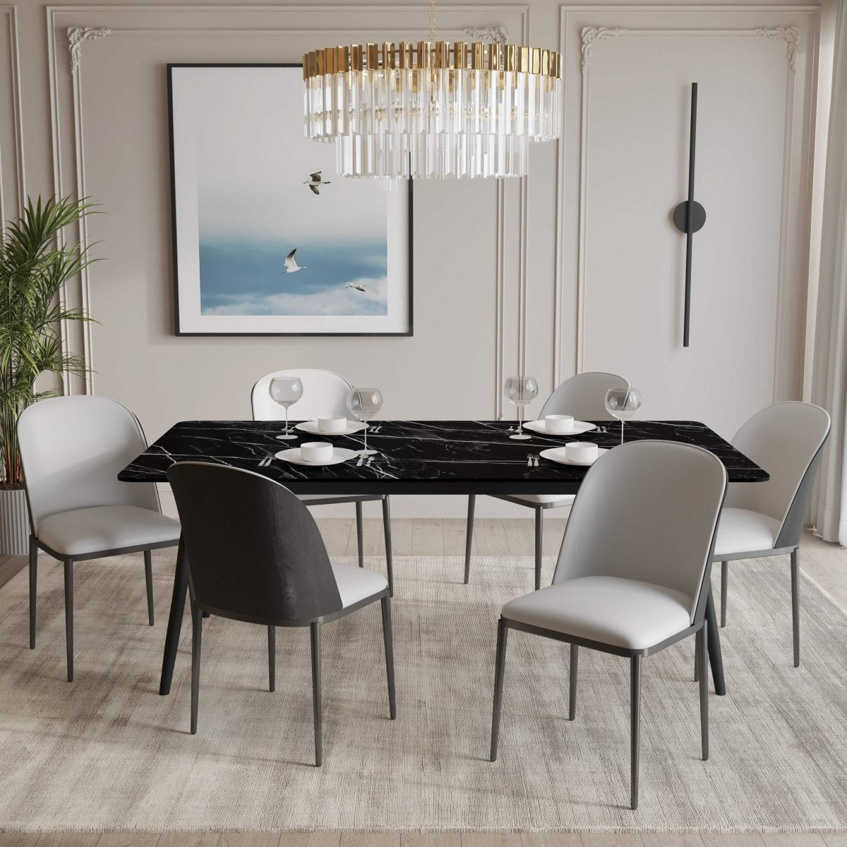 Zayle 7 - Piece Dining Set with 55" Rectangular Dining Table in Black/Gold Sintered Stone Top and 6 Leather Dining Chairs