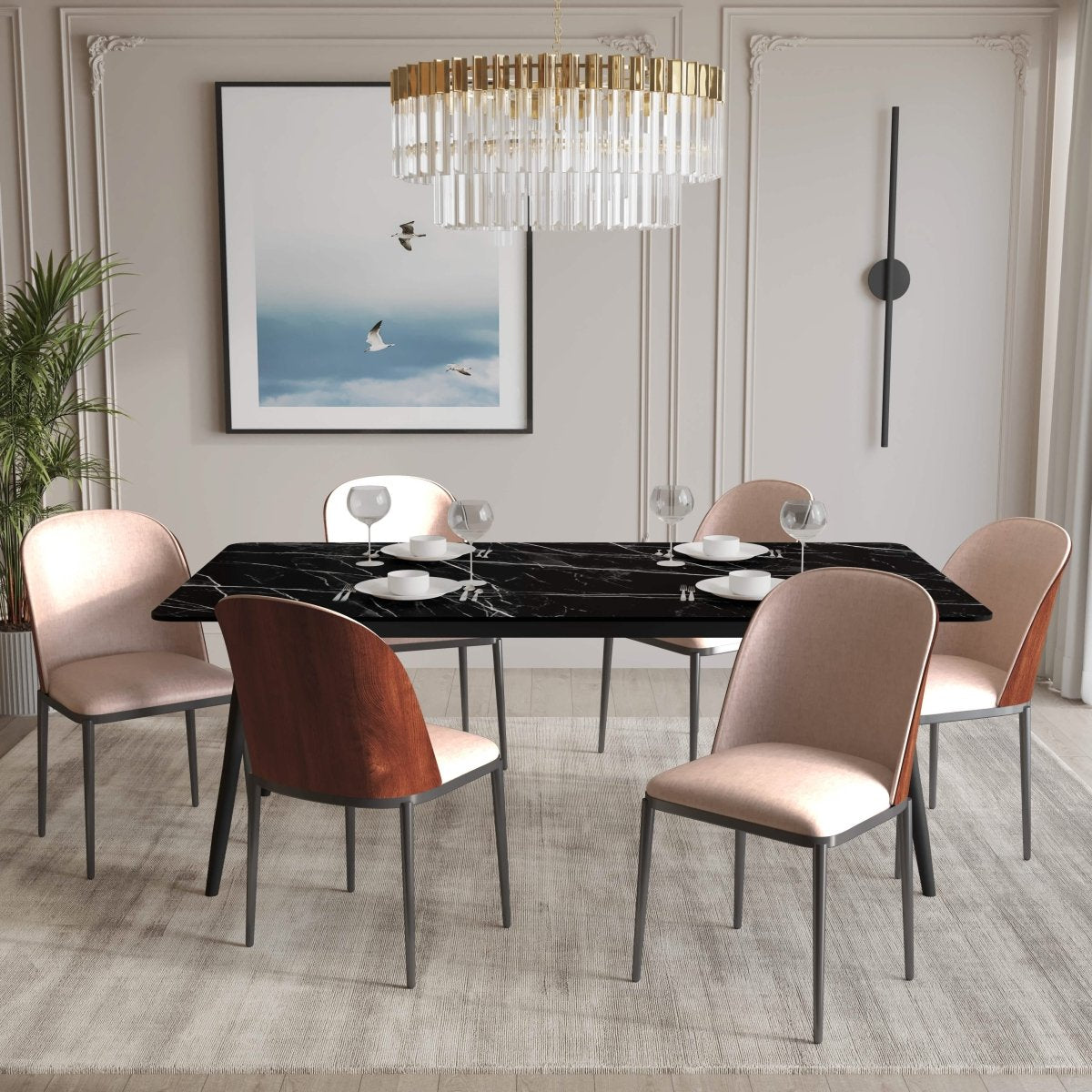 Zayle 7 - Piece Dining Set with 55" Rectangular Dining Table in Black/Gold Sintered Stone Top and 6 Leather Dining Chairs
