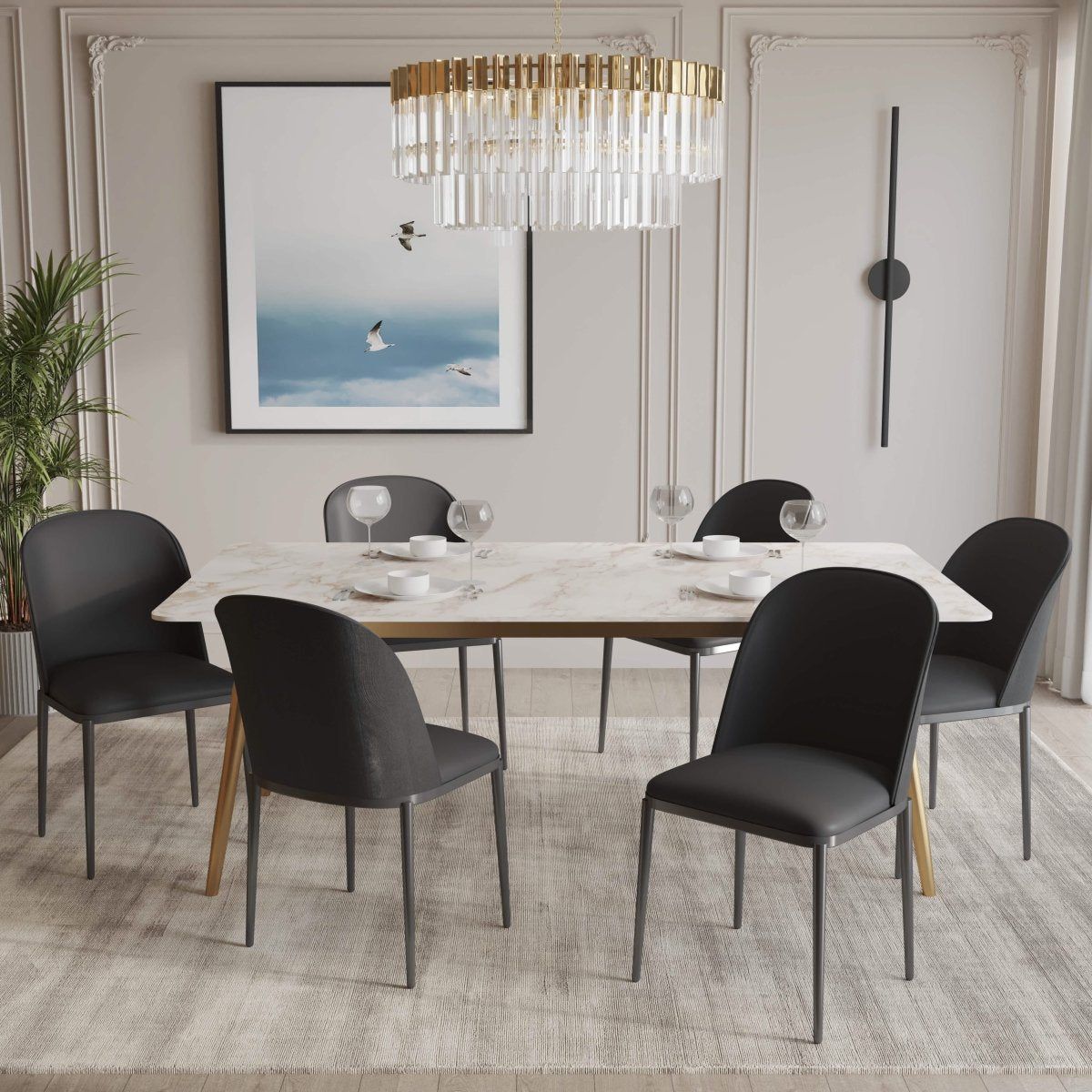 Zayle 7 - Piece Dining Set with 55" Rectangular Dining Table in White Grey Sintered Stone Top and 6 Leather Dining Chairs