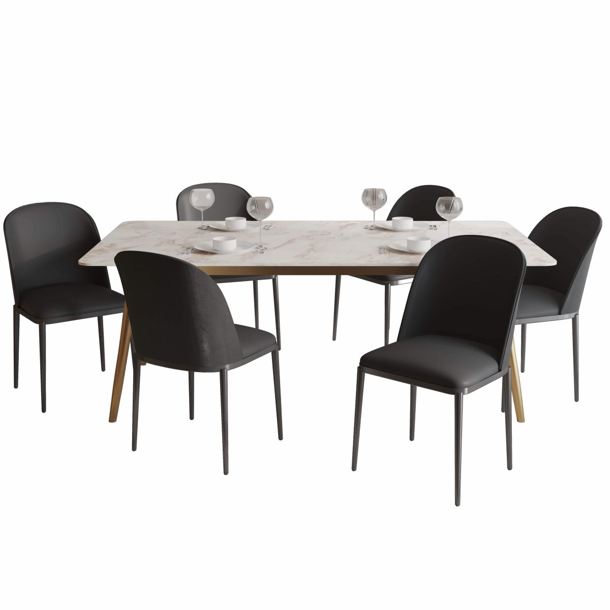 Zayle 7 - Piece Dining Set with 55" Rectangular Dining Table in White Grey Sintered Stone Top and 6 Leather Dining Chairs