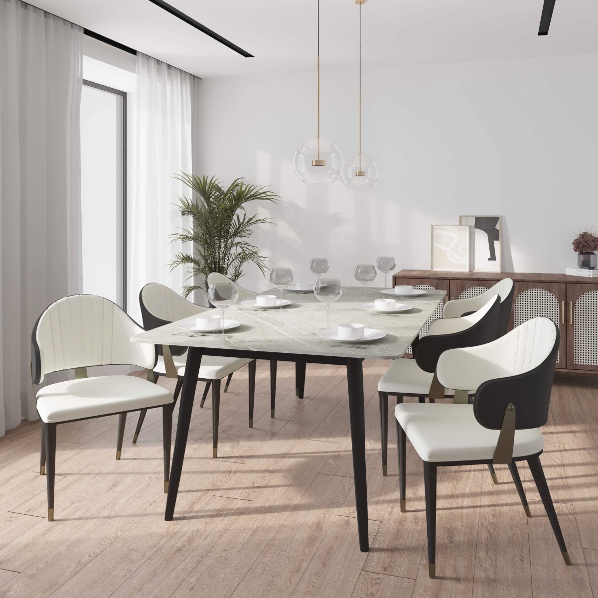 Zayle 7 - Piece Dining Set with 55" Rectangular Sintered Stone Top Table and 4 Leather Dining Chair