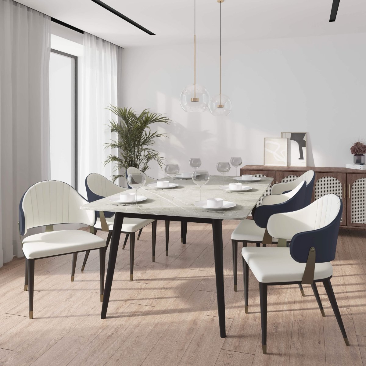 Zayle 7 - Piece Dining Set with 55" Rectangular Sintered Stone Top Table and 4 Leather Dining Chair