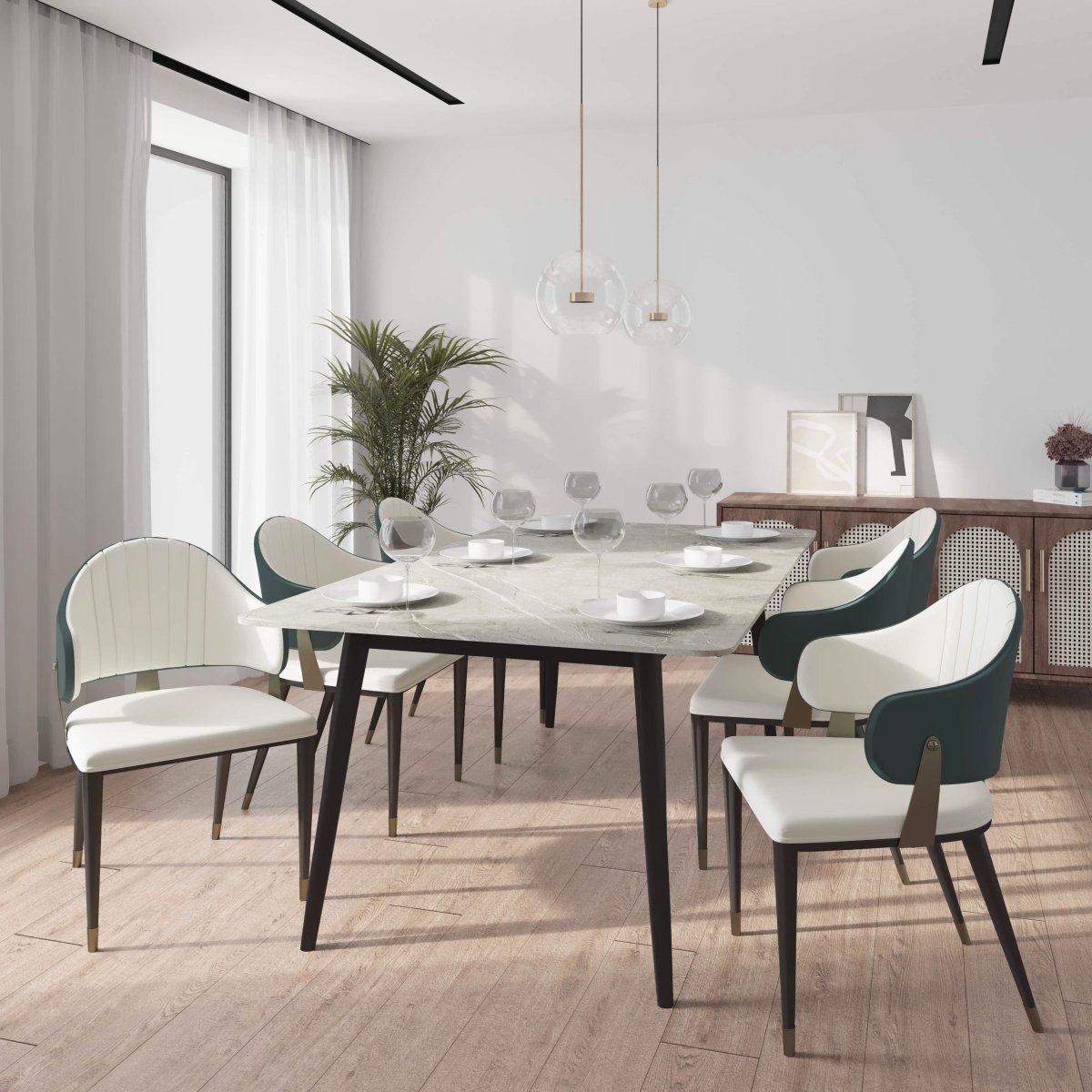 Zayle 7 - Piece Dining Set with 55" Rectangular Sintered Stone Top Table and 4 Leather Dining Chair