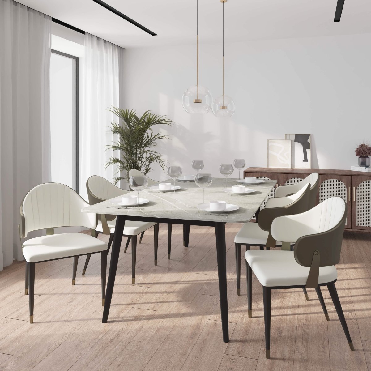 Zayle 7 - Piece Dining Set with 55" Rectangular Sintered Stone Top Table and 4 Leather Dining Chair