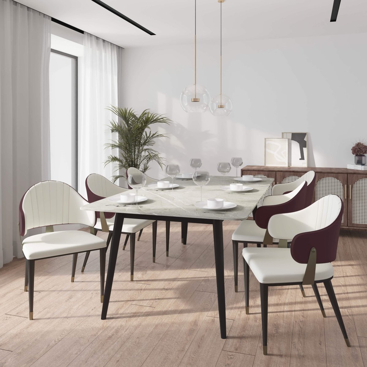 Zayle 7 - Piece Dining Set with 55" Rectangular Sintered Stone Top Table and 4 Leather Dining Chair