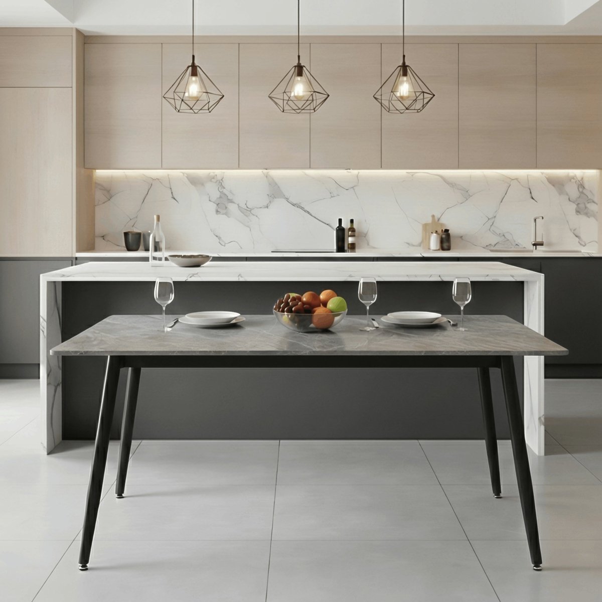 Zayle Rectangular Dining Table with a Sintered Stone Tabletop and a Stainless Steel Base