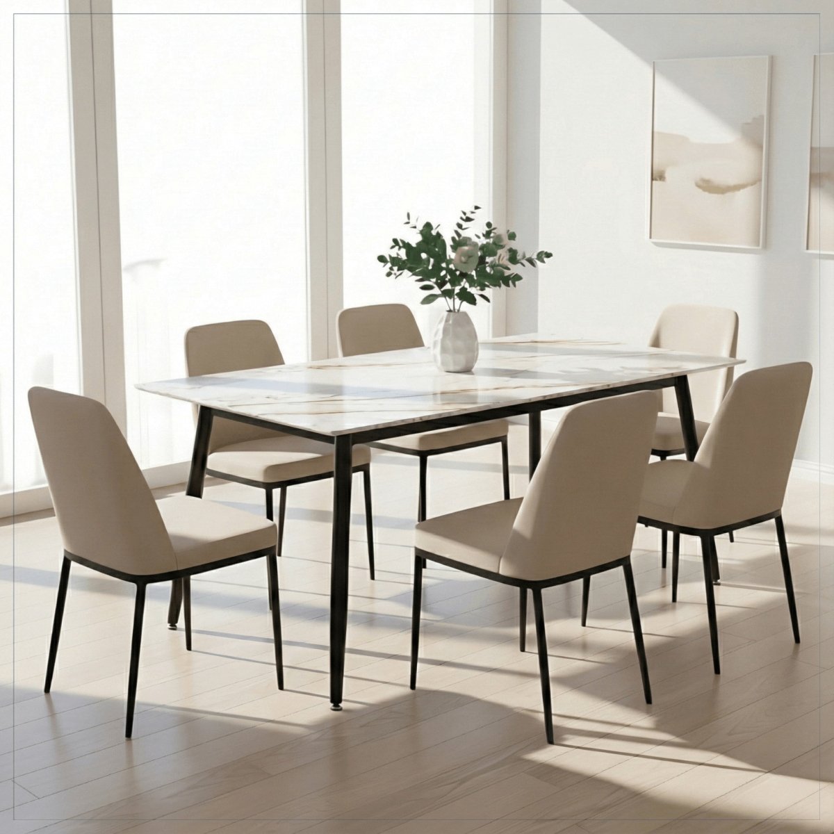 Zayle Rectangular Dining Table with a Sintered Stone Tabletop and a Stainless Steel Base