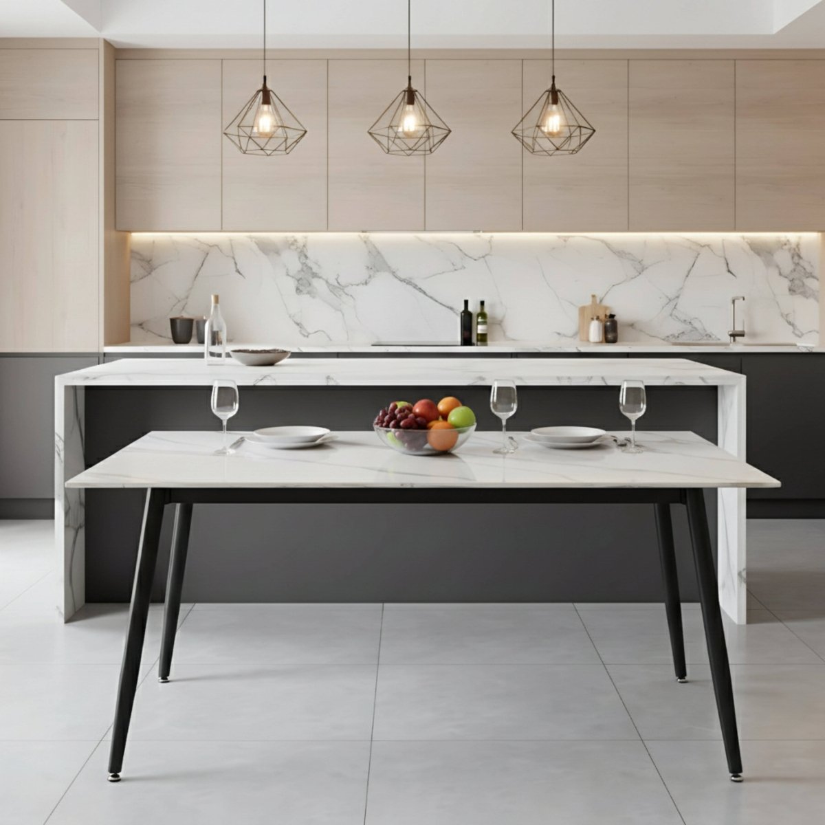 Zayle Rectangular Dining Table with a Sintered Stone Tabletop and a Stainless Steel Base