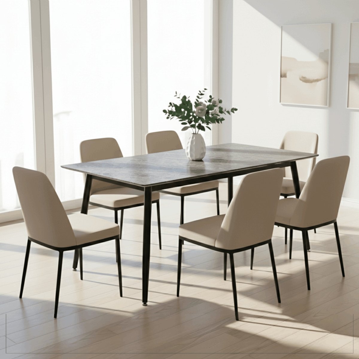 Zayle Rectangular Dining Table with a Sintered Stone Tabletop and a Stainless Steel Base
