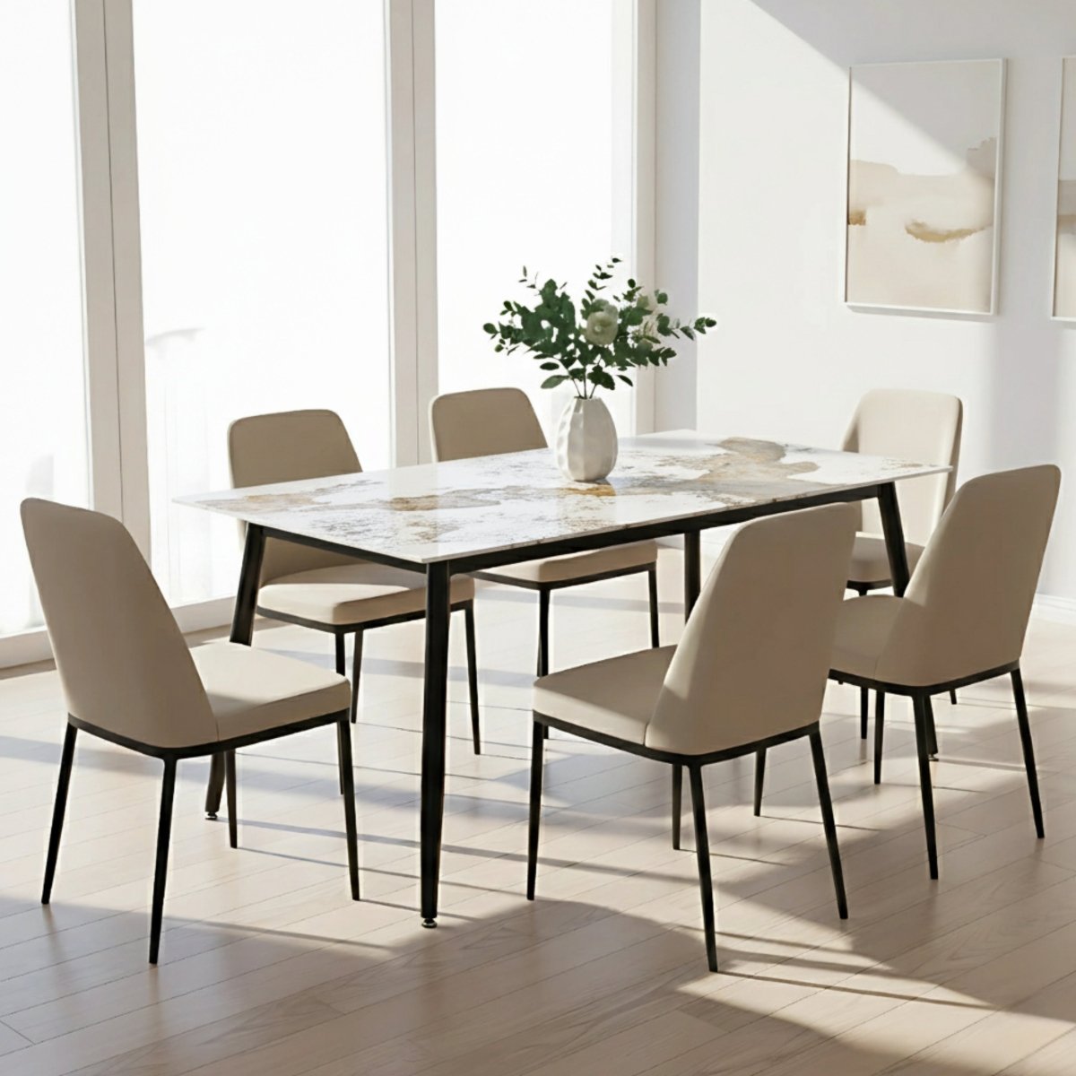 Zayle Rectangular Dining Table with a Stintered Stone Tabletop and a Stainless Steel Base